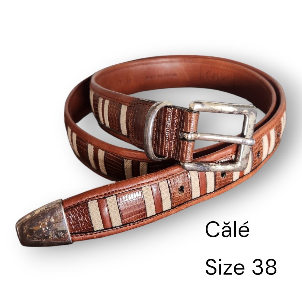 Vintage Cale Brown Genuine Lizard Leather Belt 38 Made in Spain Western Style